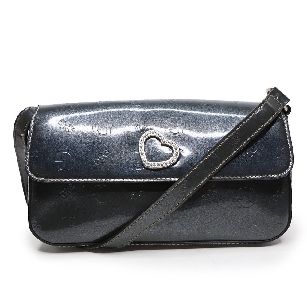 Vintage Y2K GUESS Mini Baguette Shoulder Bag Grey/Blue Embossed Rhinestone Heart